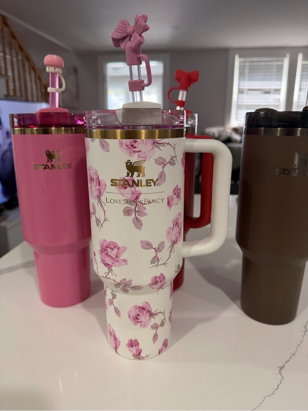 Stanley White Tumbler with Pink Rose Floral Pattern and Gold Accent